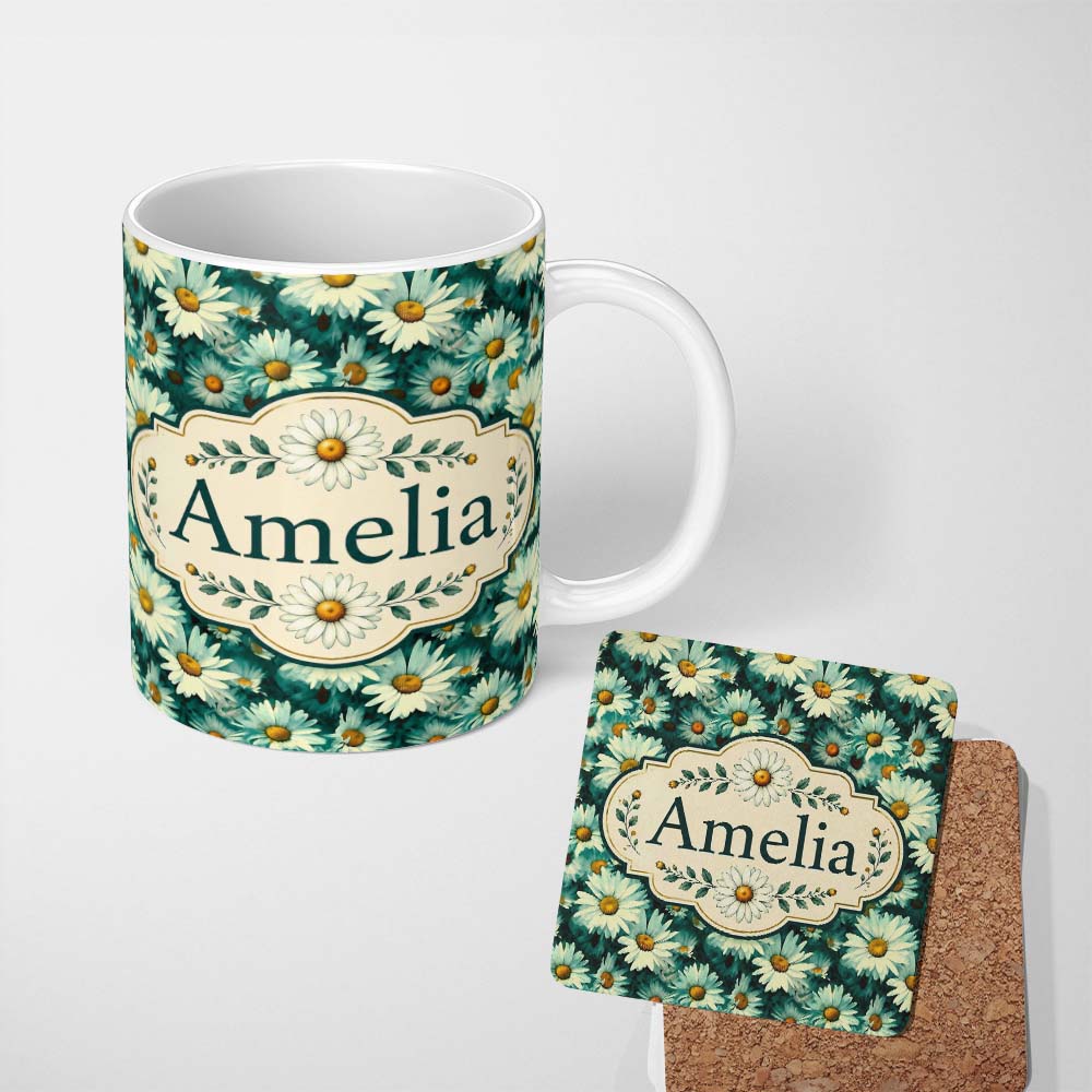 Personalized Custom Name Soft Watercolor Daisy Bloom Seamless Pattern Artistic Floral 11oz Ceramic Coffee Tea Mug White Large Handle
