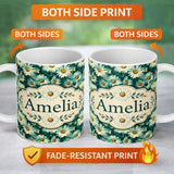 Personalized Custom Name Soft Watercolor Daisy Bloom Seamless Pattern Artistic Floral 11oz Ceramic Coffee Tea Mug White Large Handle