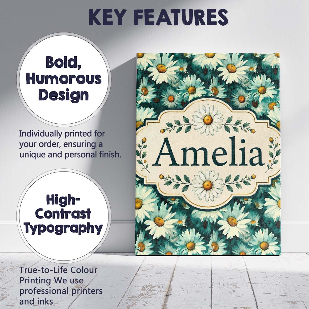Personalised Name Soft Watercolor Daisy Custom  Modern Room Accent Elegant Feature Canvas Wall Art Print Decor Picture Ready to Hang