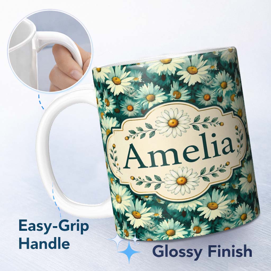 Personalized Custom Name Soft Watercolor Daisy Bloom Seamless Pattern Artistic Floral 11oz Ceramic Coffee Tea Mug White Large Handle
