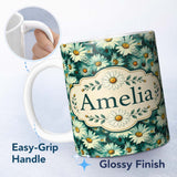 Personalized Custom Name Soft Watercolor Daisy Bloom Seamless Pattern Artistic Floral 11oz Ceramic Coffee Tea Mug White Large Handle