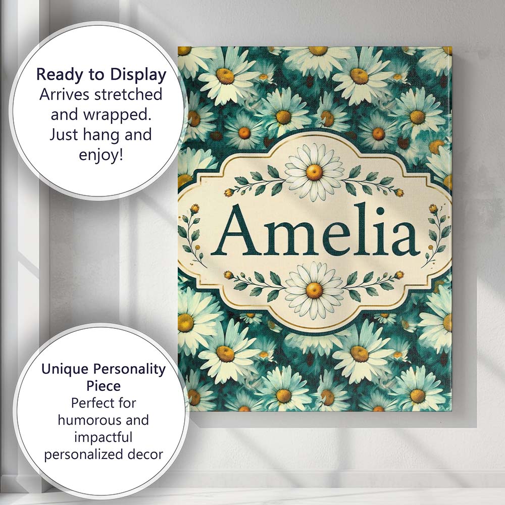 Personalised Name Soft Watercolor Daisy Custom  Modern Room Accent Elegant Feature Canvas Wall Art Print Decor Picture Ready to Hang