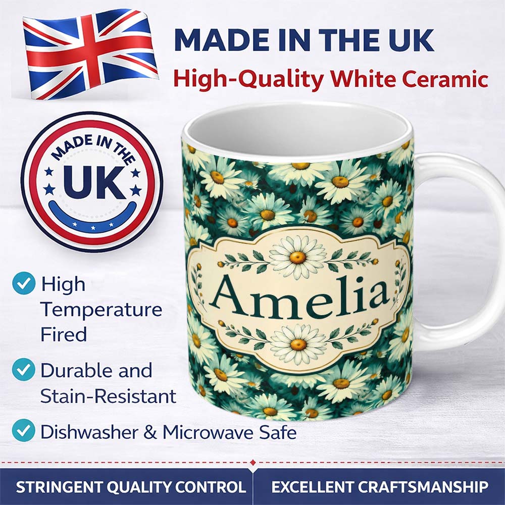 Personalized Custom Name Soft Watercolor Daisy Bloom Seamless Pattern Artistic Floral 11oz Ceramic Coffee Tea Mug White Large Handle