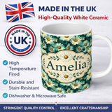 Personalized Custom Name Soft Watercolor Daisy Bloom Seamless Pattern Artistic Floral 11oz Ceramic Coffee Tea Mug White Large Handle