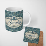 Personalized Custom Name Vintage Octopus Ocean Seamless Pattern Detailed Marine Life Design 11oz Ceramic Coffee Tea Mug White Large Handle