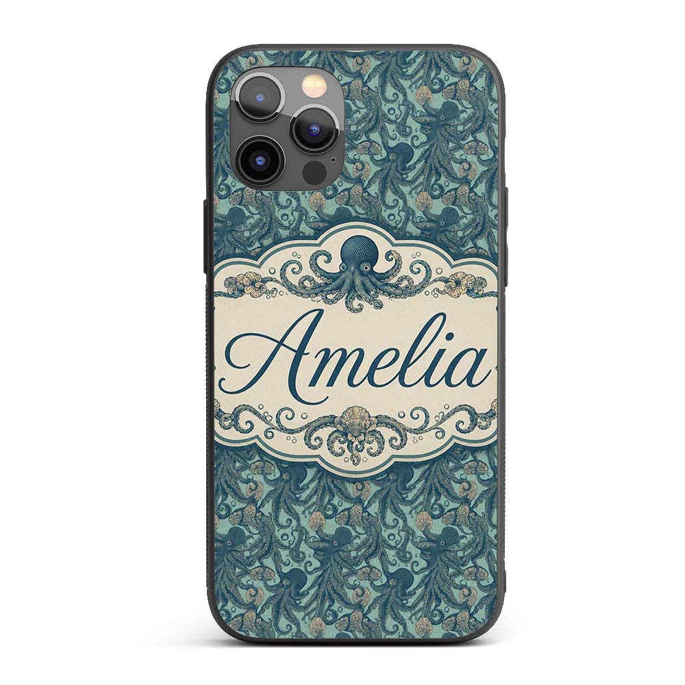 Vintage Octopus Ocean Seamless Pattern Detailed Custom Name Protective Phone Case Mobile Cover Durable Everyday Smartphone Shock Resistant