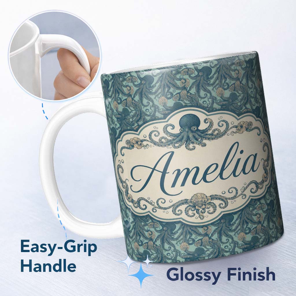 Personalized Custom Name Vintage Octopus Ocean Seamless Pattern Detailed Marine Life Design 11oz Ceramic Coffee Tea Mug White Large Handle