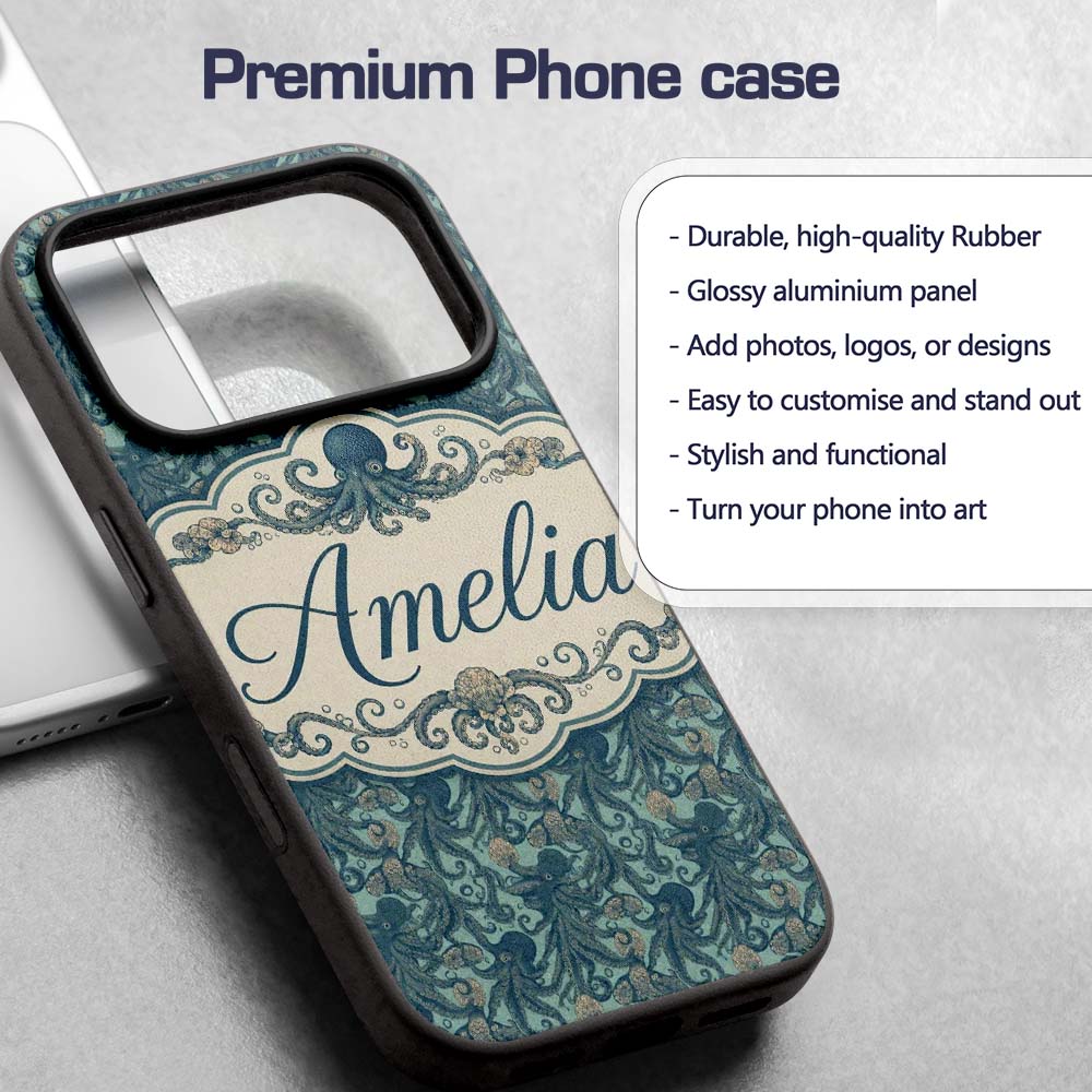 Vintage Octopus Ocean Seamless Pattern Detailed Custom Name Protective Phone Case Mobile Cover Durable Everyday Smartphone Shock Resistant