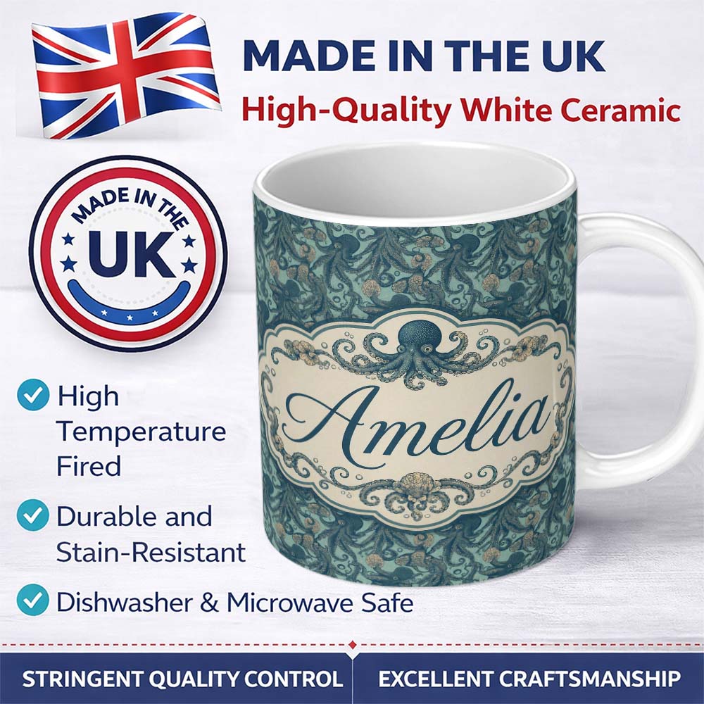 Personalized Custom Name Vintage Octopus Ocean Seamless Pattern Detailed Marine Life Design 11oz Ceramic Coffee Tea Mug White Large Handle