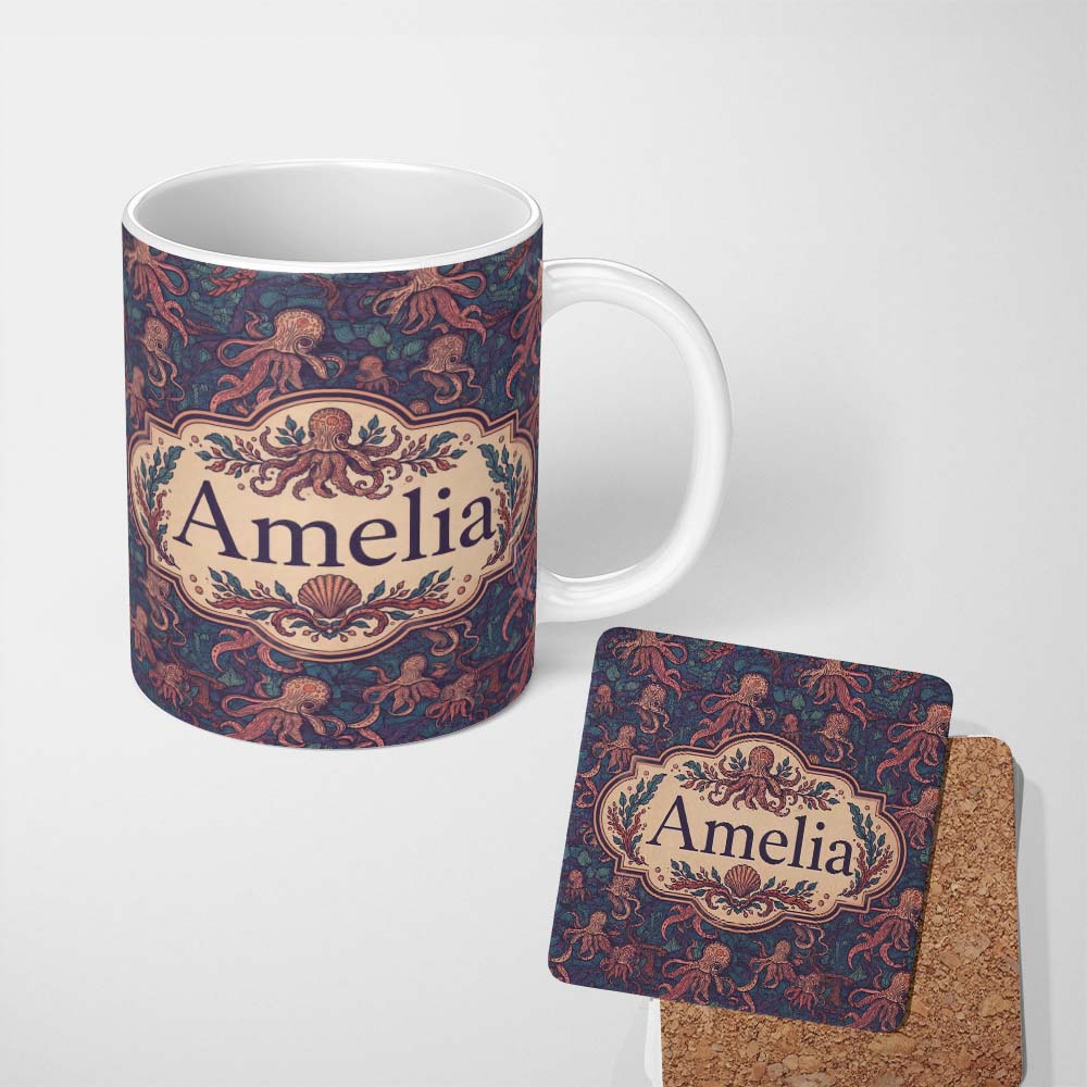 Personalized Custom Name Colorful Octopus Sea Life Seamless Pattern Underwater Marine Theme 11oz Ceramic Coffee Tea Mug White Large Handle