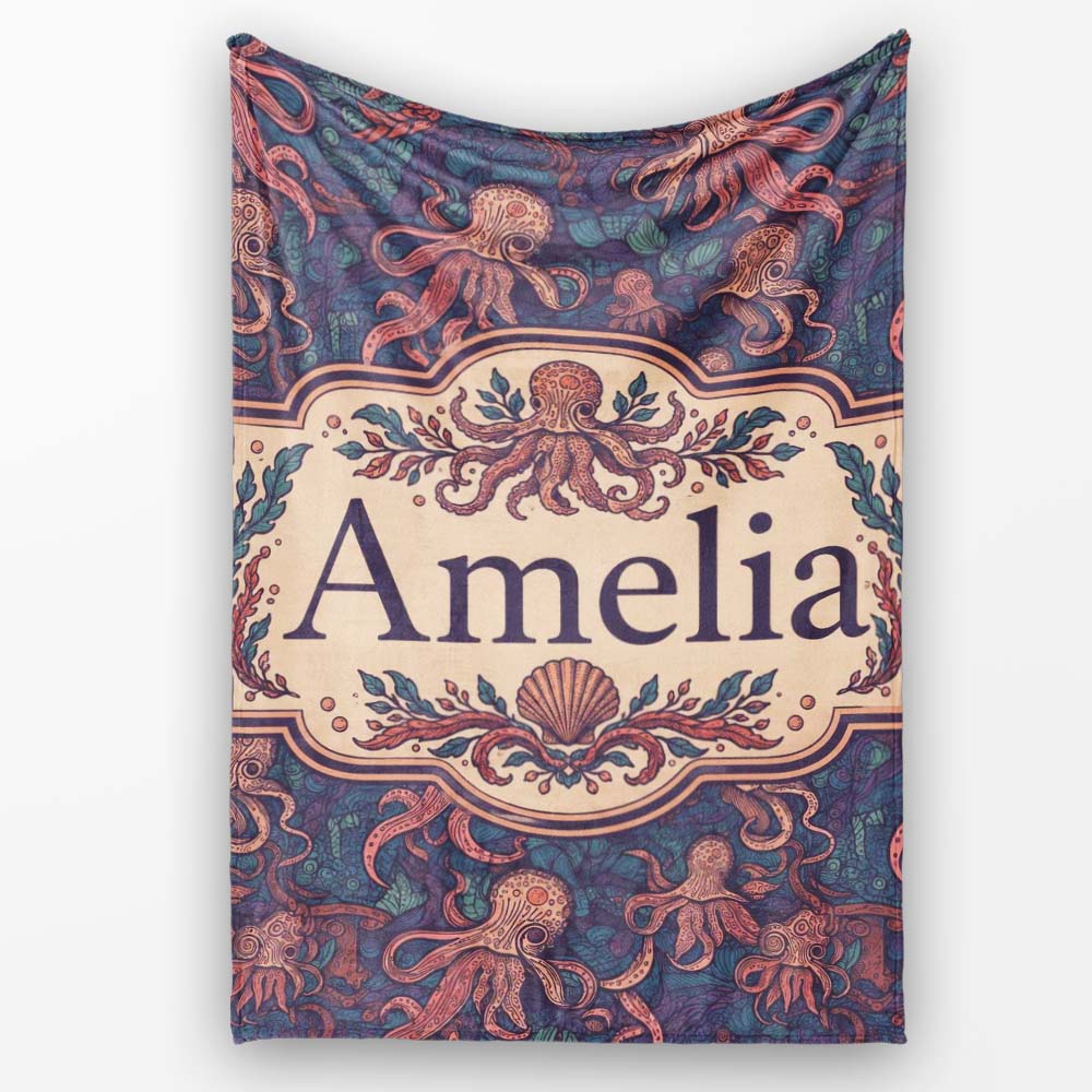Colorful Octopus Sea Life Seamless Pattern Underwater Marine Theme  Personalised Custom Name Super Soft Fleece Blanket Bed Sofa Throw