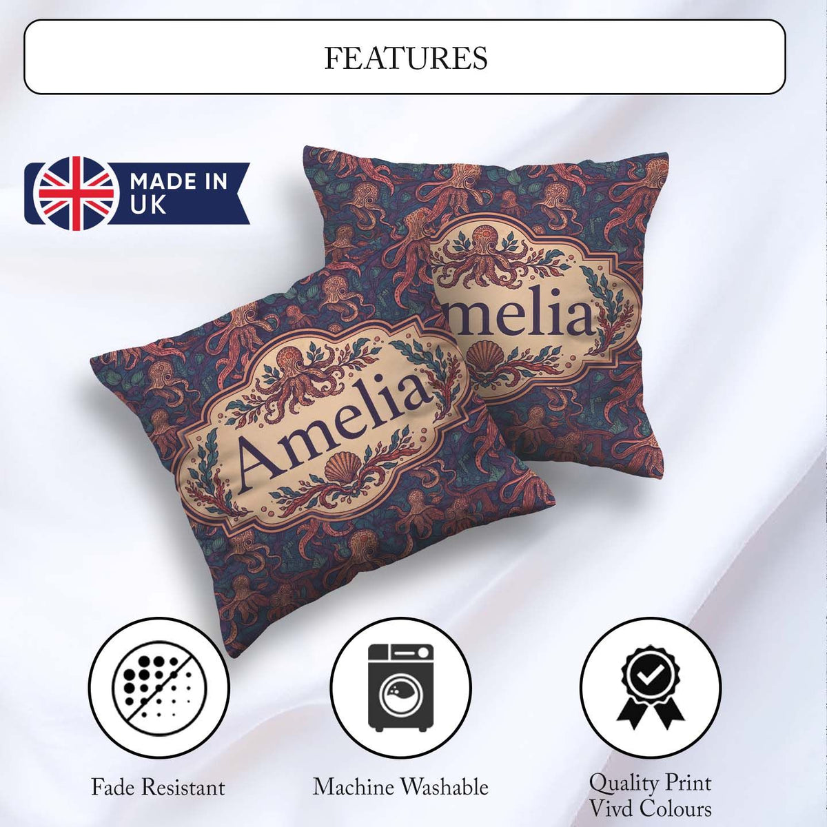 Custom Name Colorful Octopus Sea Life Seamless Underwater Marine Square Filled Cushion Throw Pillow Sofa Bed Home Decor Zip Washable UK Made