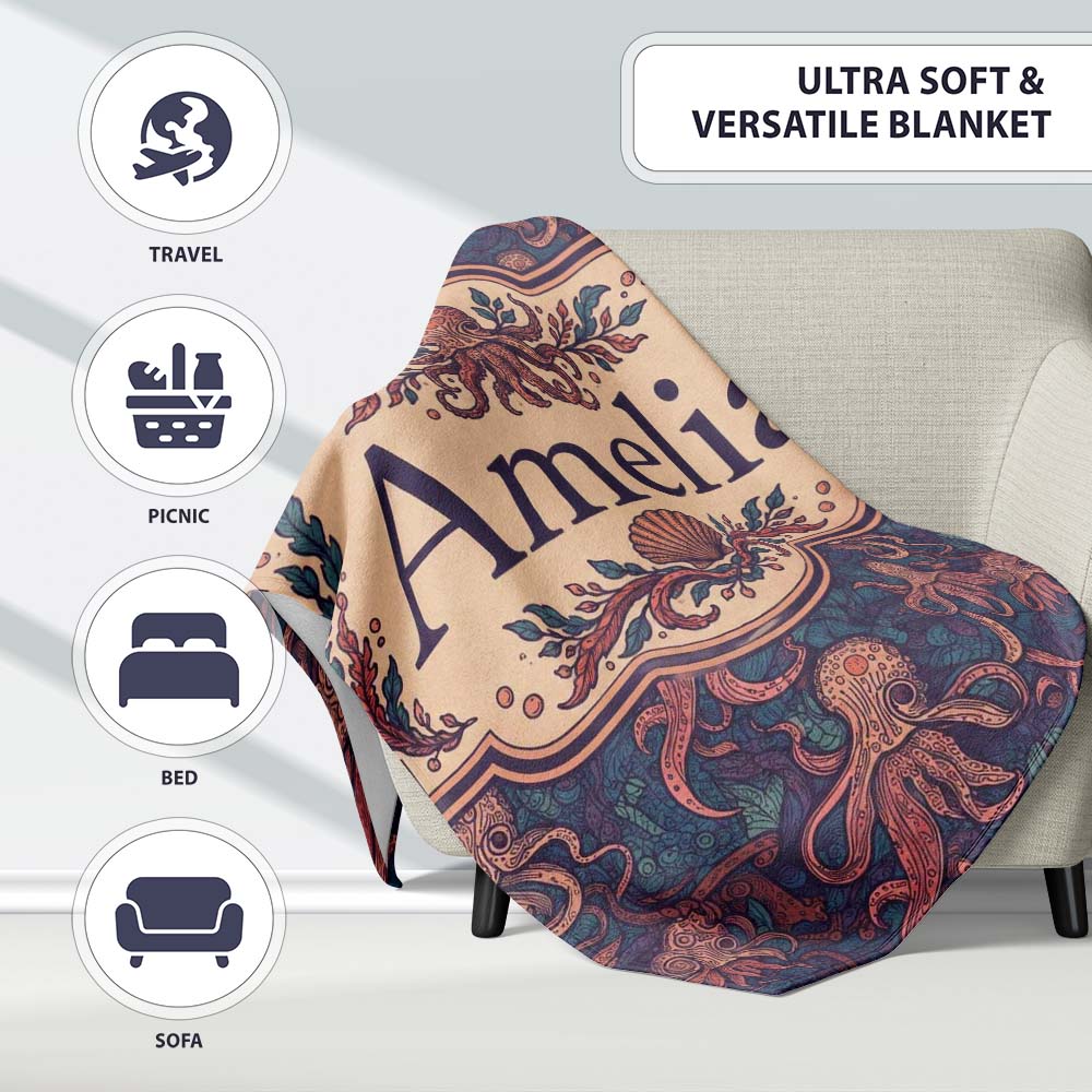 Colorful Octopus Sea Life Seamless Pattern Underwater Marine Theme  Personalised Custom Name Super Soft Fleece Blanket Bed Sofa Throw