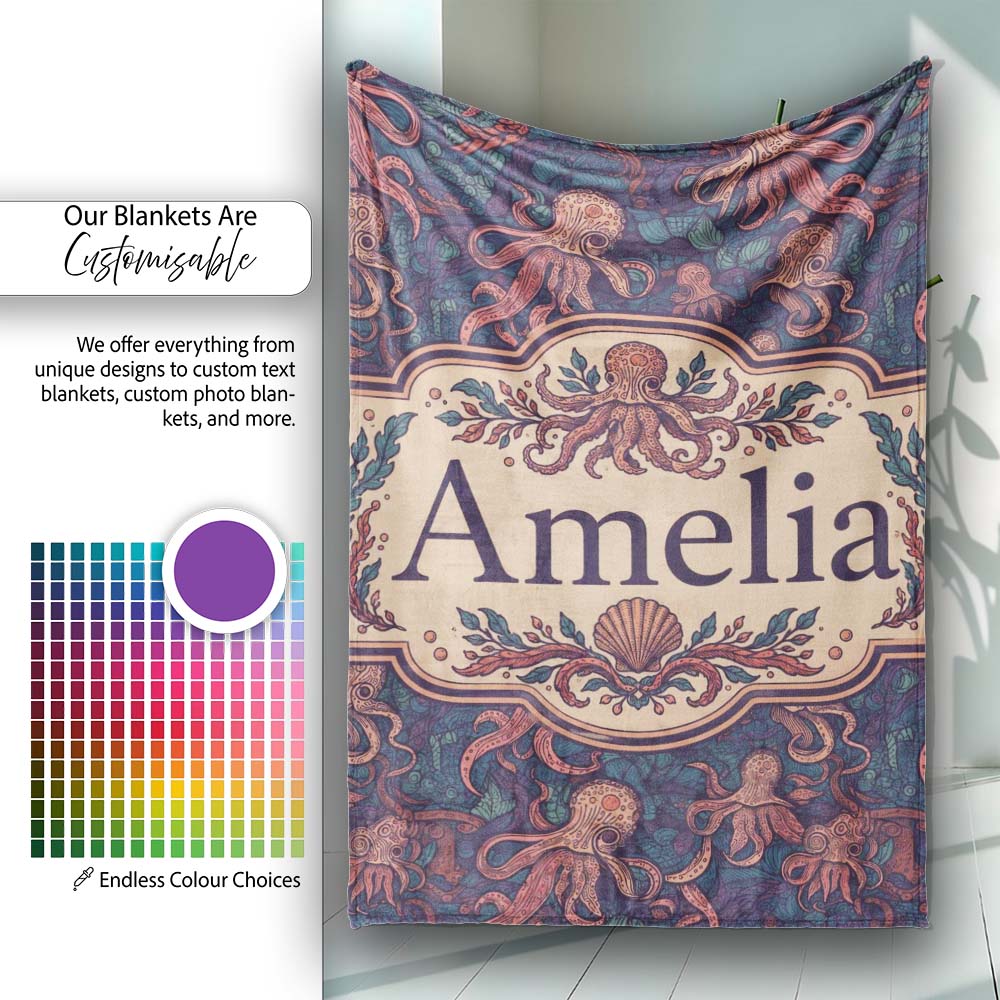Colorful Octopus Sea Life Seamless Pattern Underwater Marine Theme  Personalised Custom Name Super Soft Fleece Blanket Bed Sofa Throw