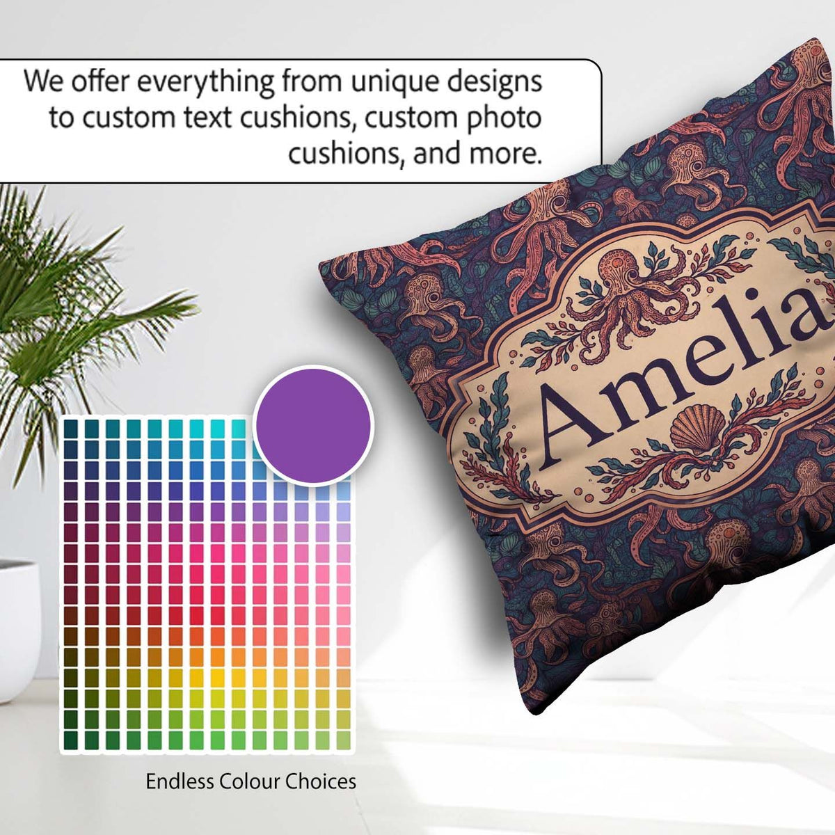 Custom Name Colorful Octopus Sea Life Seamless Underwater Marine Square Filled Cushion Throw Pillow Sofa Bed Home Decor Zip Washable UK Made