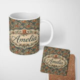 Personalized Custom Name Ornate Octopus and Coral Reef Seamless Pattern Decorative Ocean 11oz Ceramic Coffee Tea Mug White Large Handle
