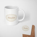 Personalized Custom Name Minimal Gold Star Seamless Pattern on Soft Grey Background Lovely 11oz Ceramic Coffee Tea Mug White Large Handle
