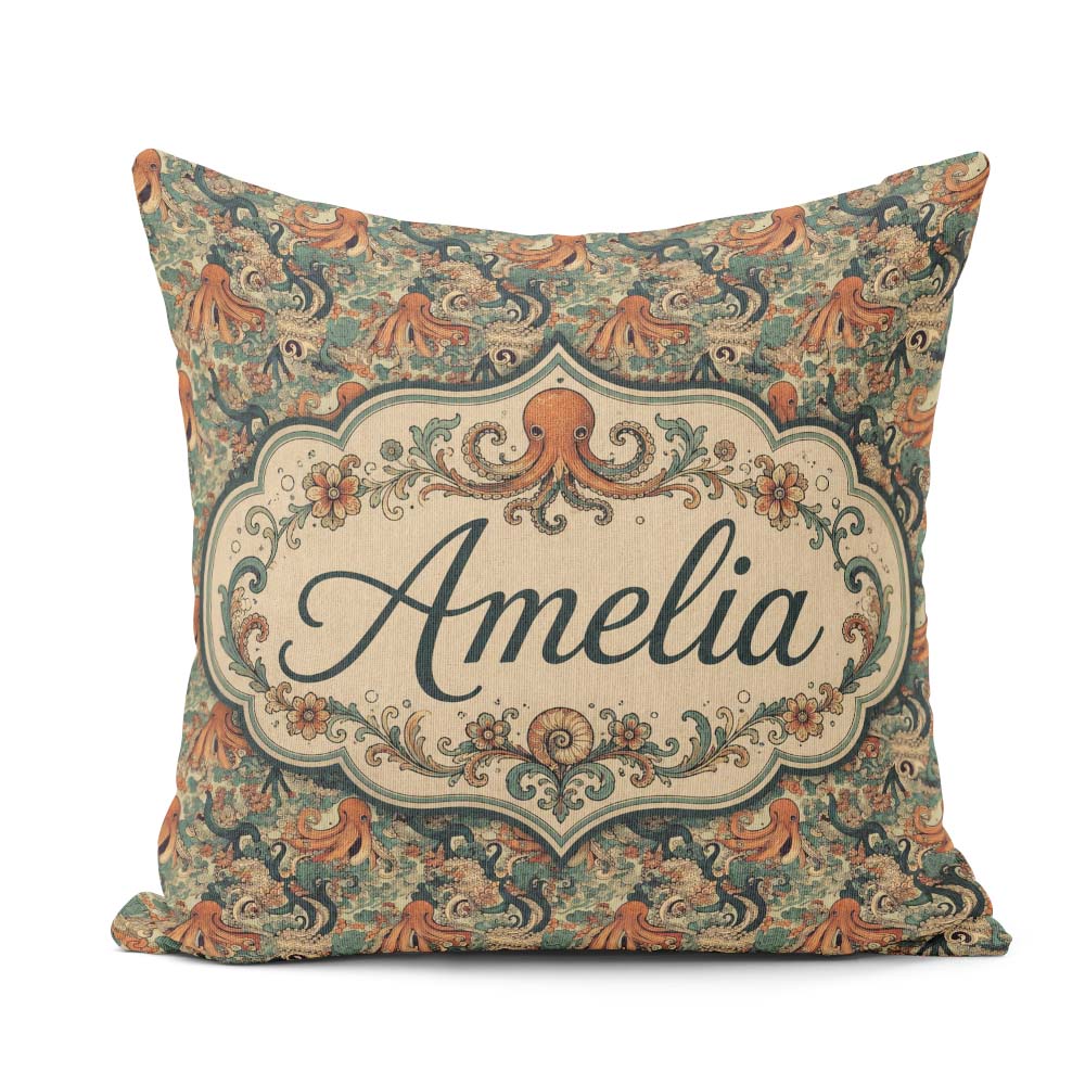 Custom Name Ornate Octopus and Coral Reef Seamless Pattern Ocean Square Filled Cushion Throw Pillow Sofa Bed Home Decor Zip Washable UK Made