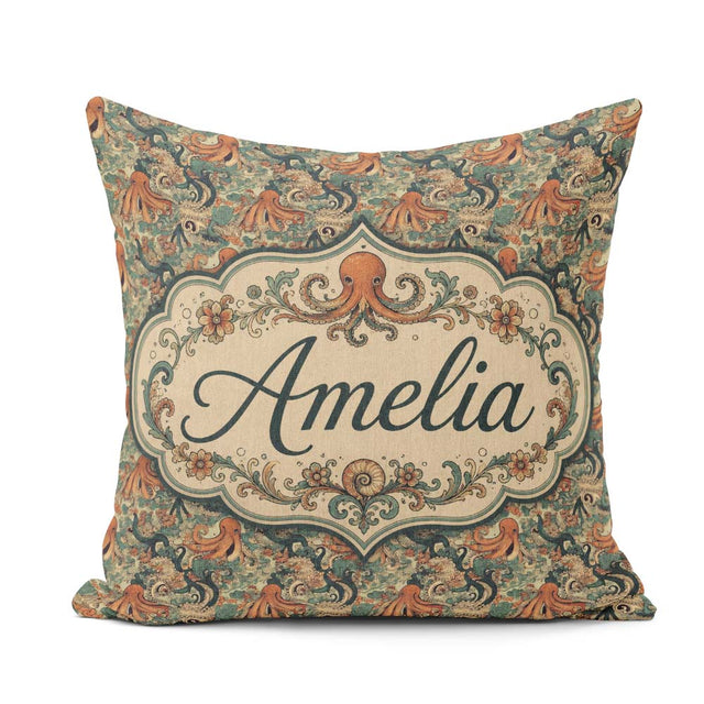 Custom Name Ornate Octopus and Coral Reef Seamless Pattern Ocean Square Filled Cushion Throw Pillow Sofa Bed Home Decor Zip Washable UK Made