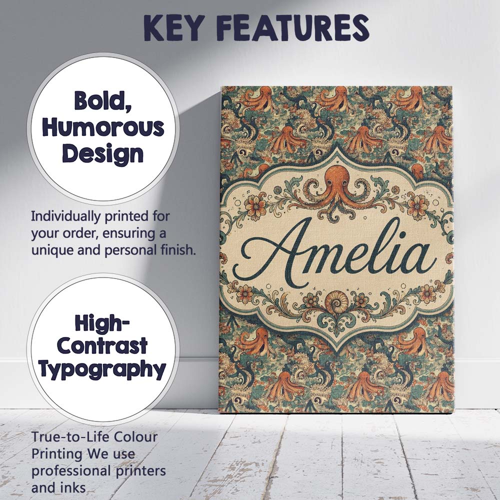Personalised Name Ornate Octopus and Coral Custom  Unique Gift Idea Elegant Feature Canvas Wall Art Print Decor Picture Ready to Hang