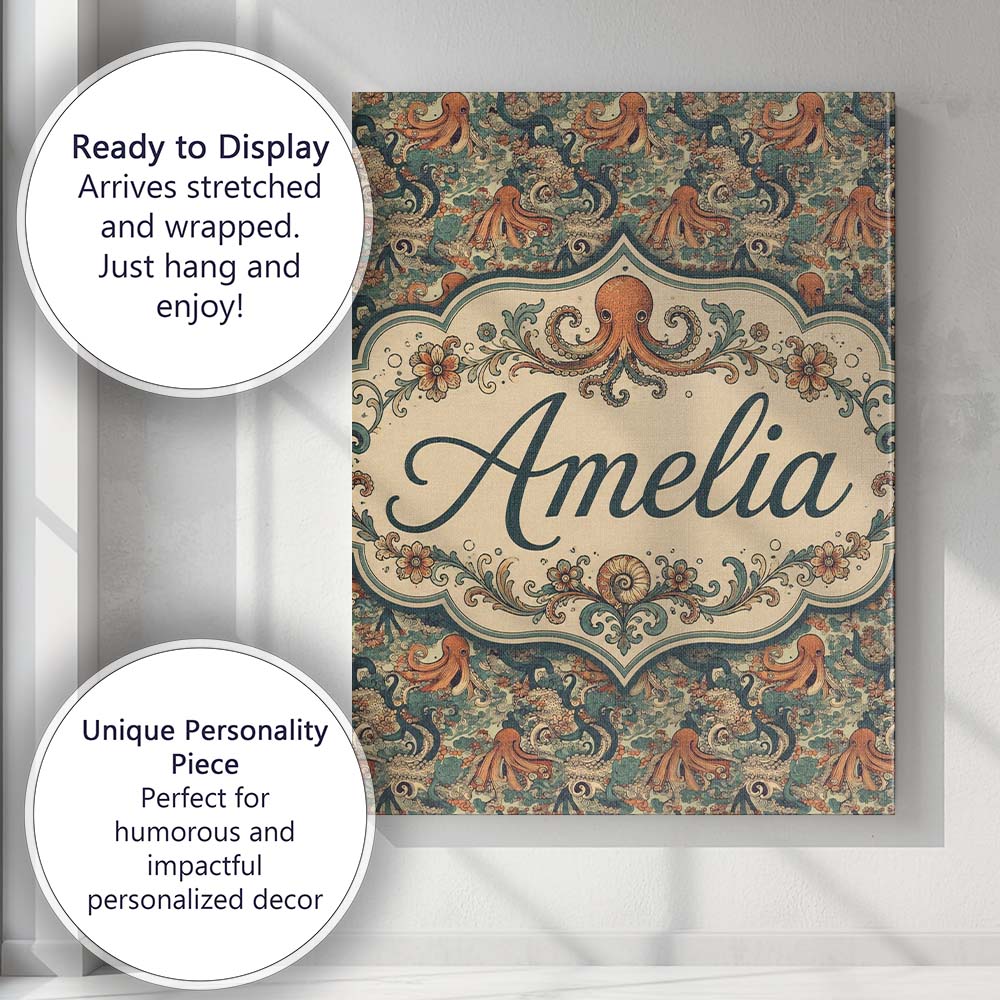 Personalised Name Ornate Octopus and Coral Custom  Unique Gift Idea Elegant Feature Canvas Wall Art Print Decor Picture Ready to Hang