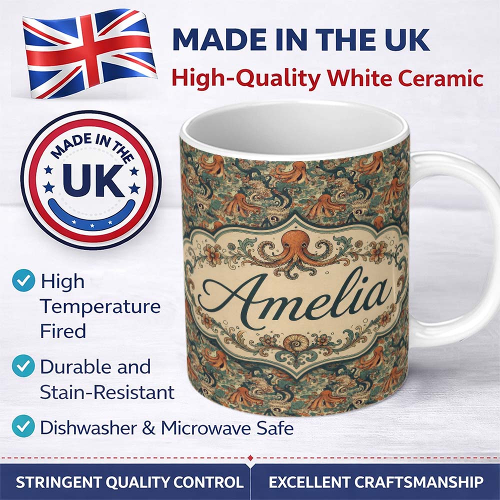 Personalized Custom Name Ornate Octopus and Coral Reef Seamless Pattern Decorative Ocean 11oz Ceramic Coffee Tea Mug White Large Handle