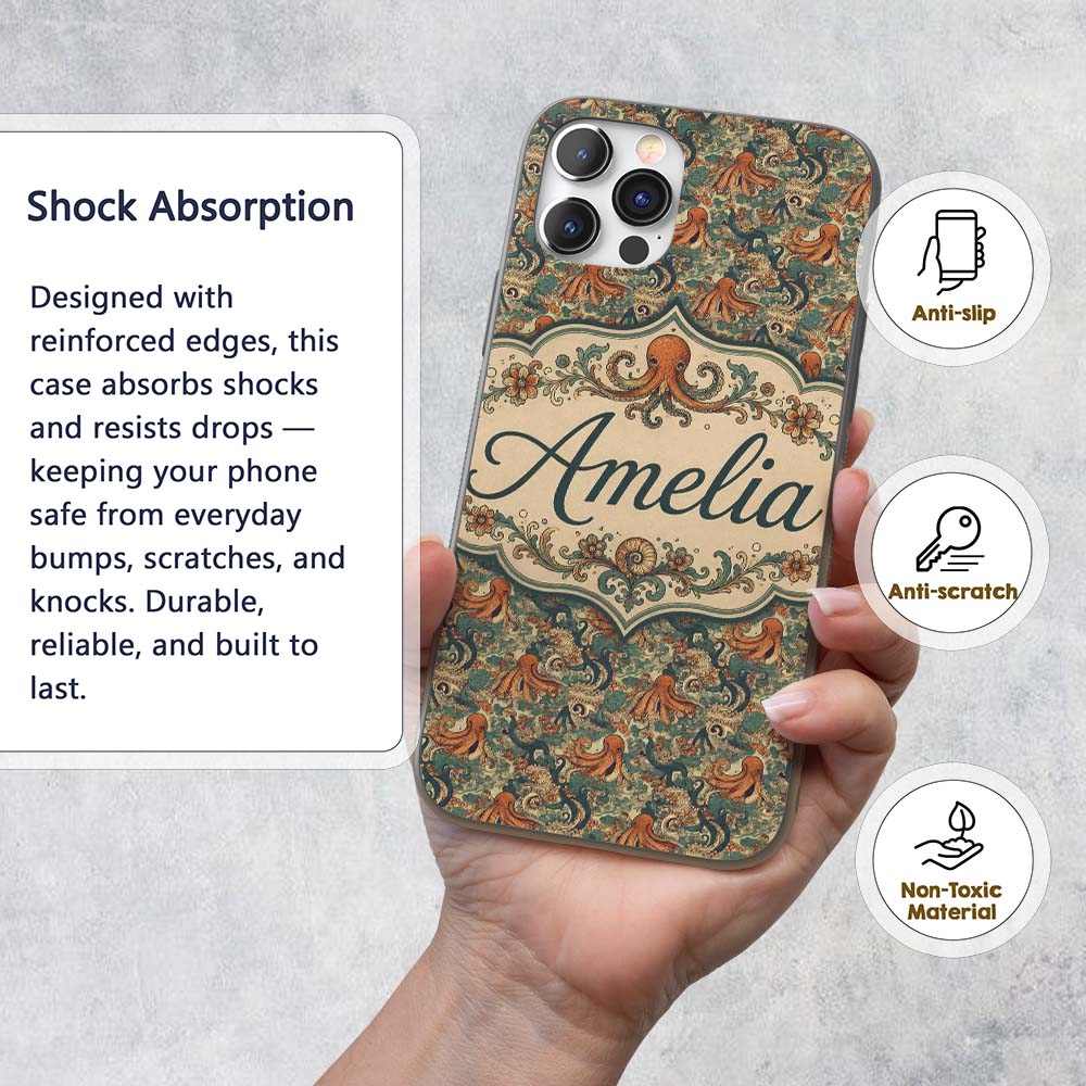 Ornate Octopus and Coral Reef Seamless Pattern Custom Name Protective Phone Case Mobile Cover Durable Everyday Smartphone Shock Resistant