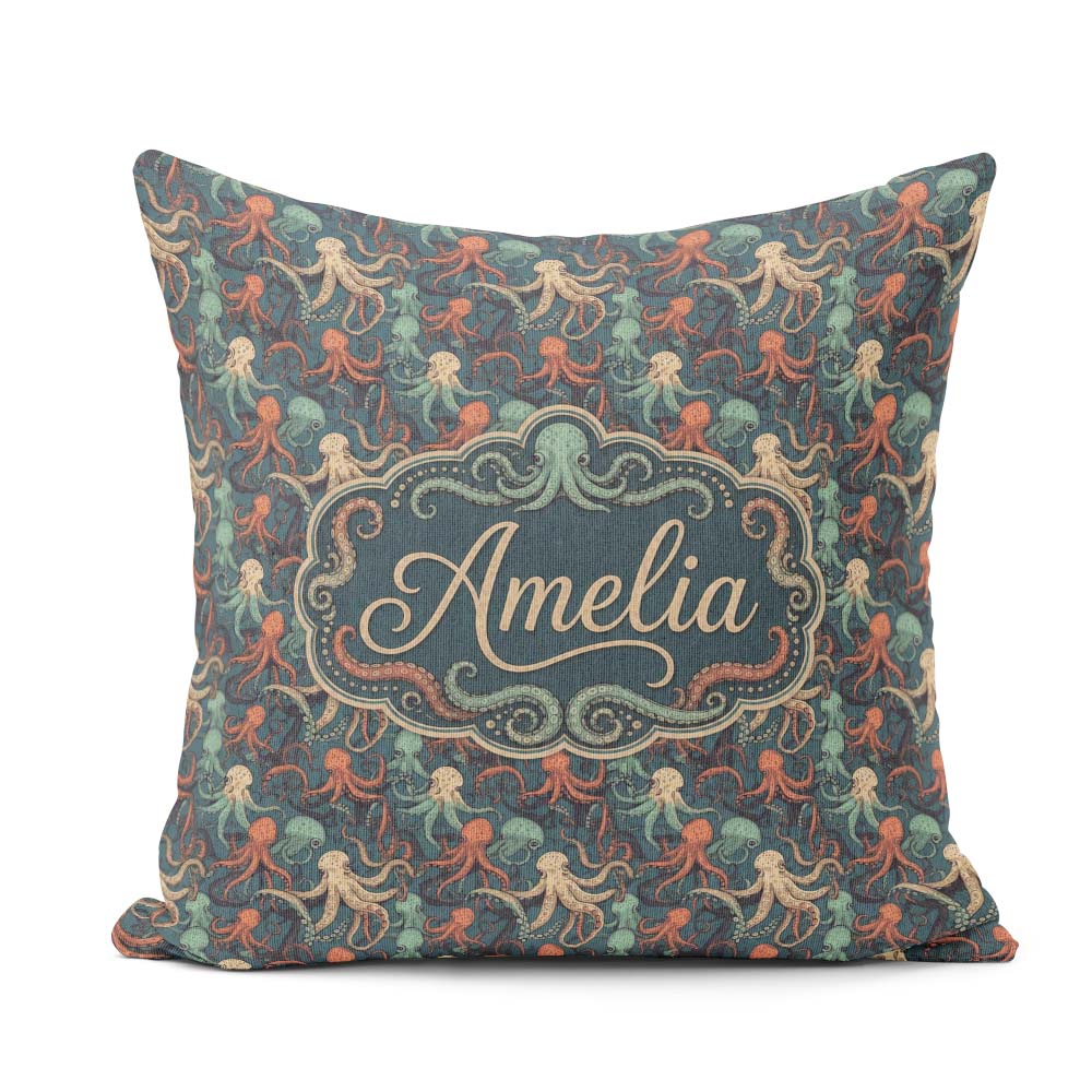 Custom Name Cartoon Octopus Seamless Pattern Playful Marine Life Square Filled Cushion Throw Pillow Sofa Bed Home Decor Zip Washable UK Made