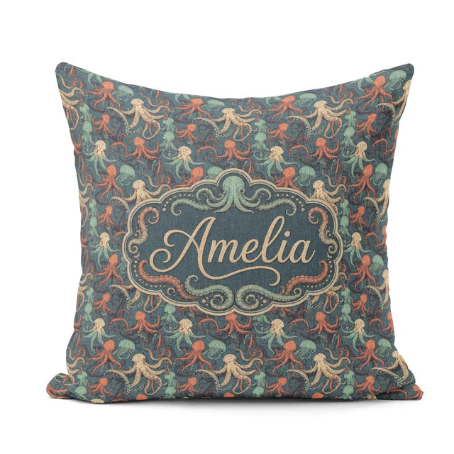 Custom Name Cartoon Octopus Seamless Pattern Playful Marine Life Square Filled Cushion Throw Pillow Sofa Bed Home Decor Zip Washable UK Made