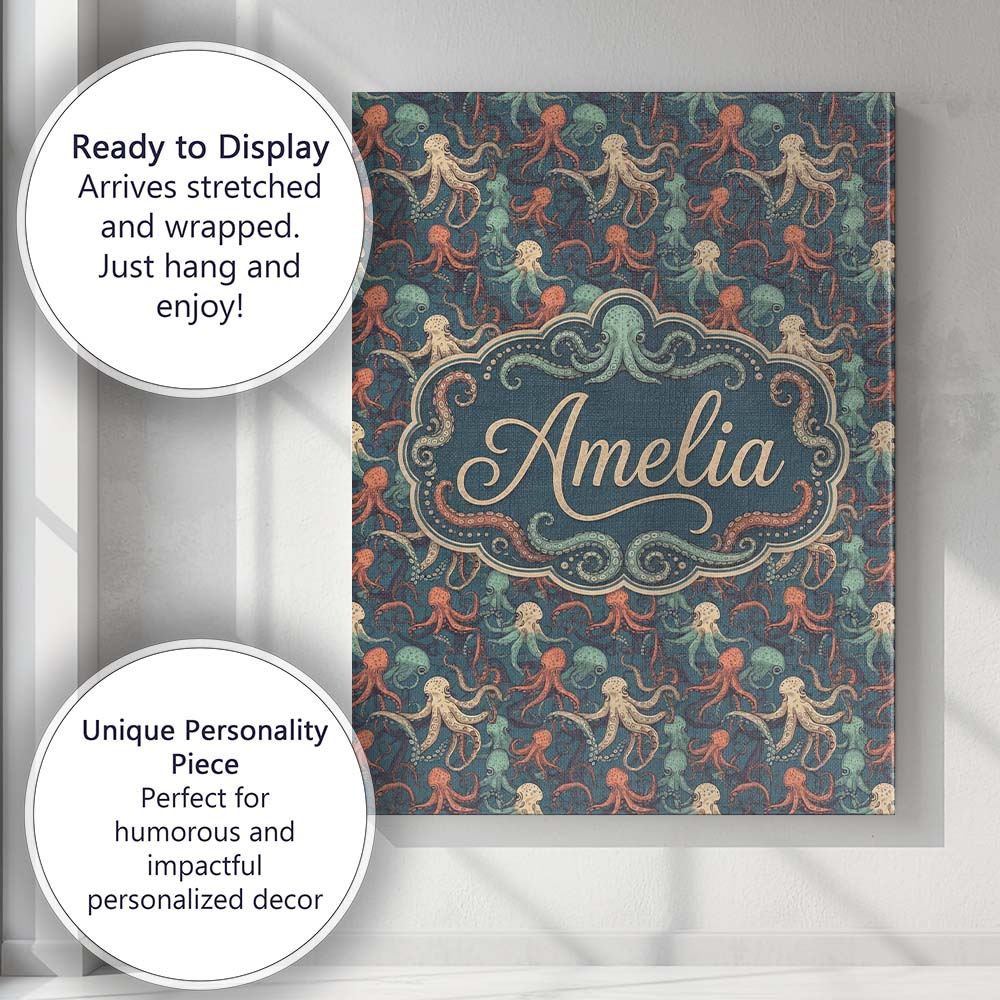 Personalised Name Cute Cartoon Octopus Custom  Modern Room Accent Elegant Feature Canvas Wall Art Print Decor Picture Ready to Hang
