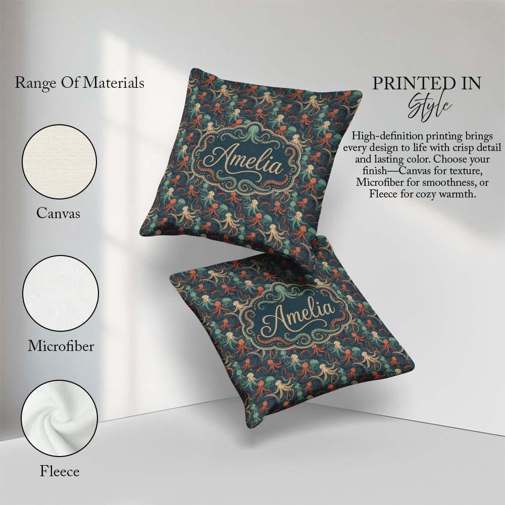 Custom Name Cartoon Octopus Seamless Pattern Playful Marine Life Square Filled Cushion Throw Pillow Sofa Bed Home Decor Zip Washable UK Made