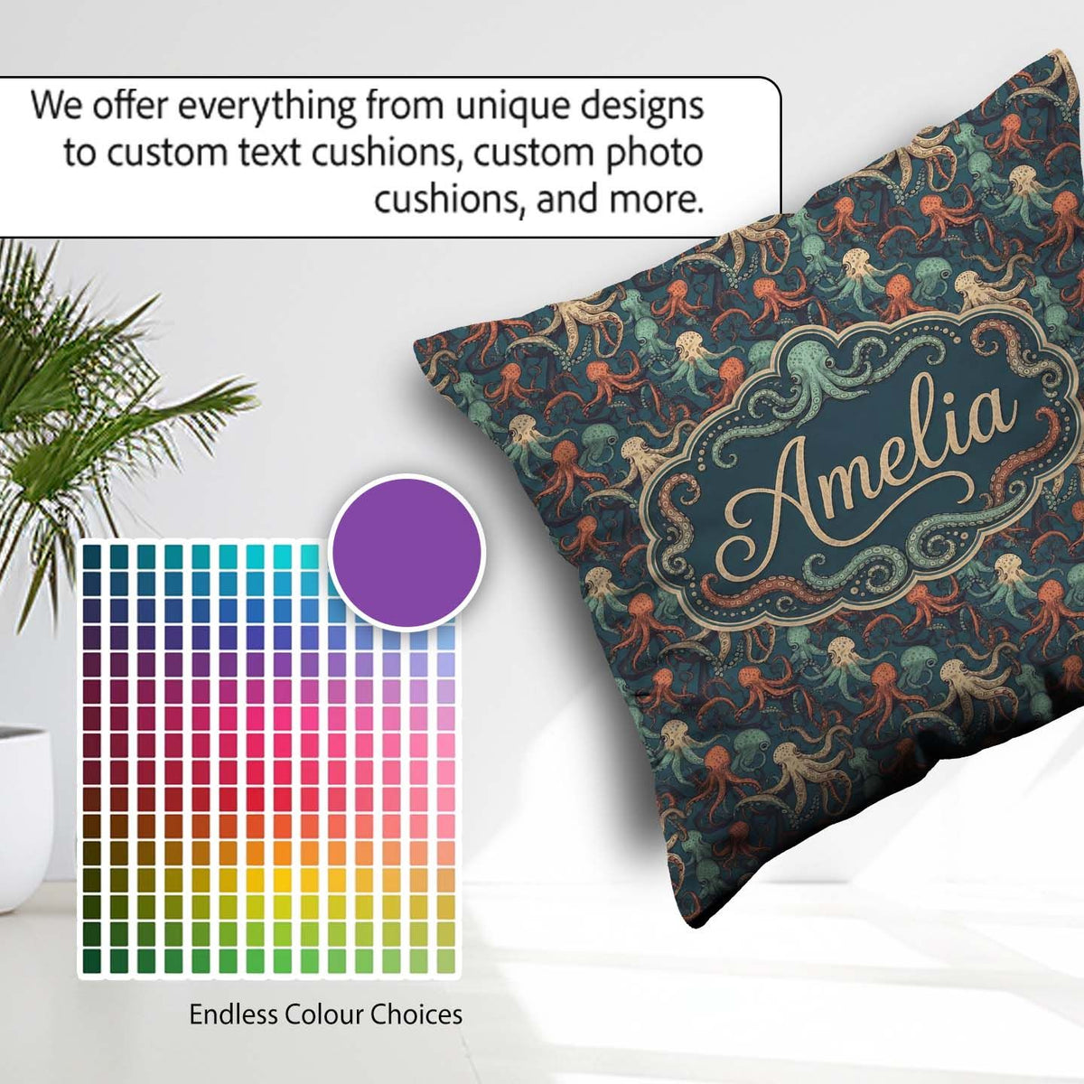 Custom Name Cartoon Octopus Seamless Pattern Playful Marine Life Square Filled Cushion Throw Pillow Sofa Bed Home Decor Zip Washable UK Made