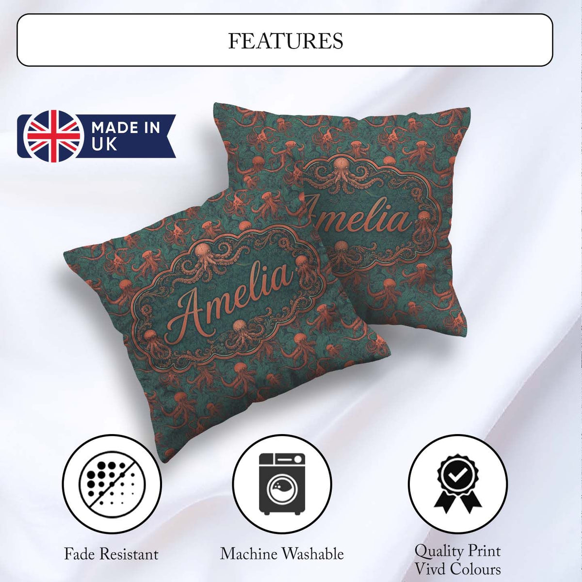 Custom Name Classic Octopus Tentacle Seamless Pattern Deep Style Square Filled Cushion Throw Pillow Sofa Bed Home Decor Zip Washable UK Made