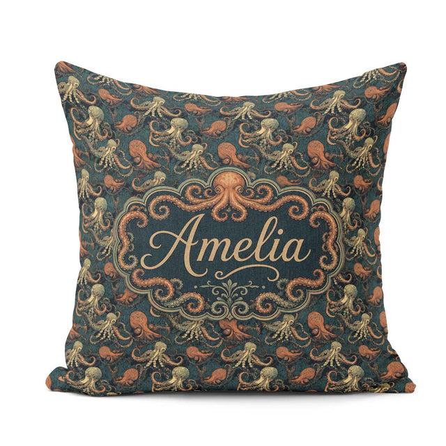 Custom Name Octopus Marine Seamless Pattern Detailed Ocean Life Square Filled Cushion Throw Pillow Sofa Bed Home Decor Zip Washable UK Made