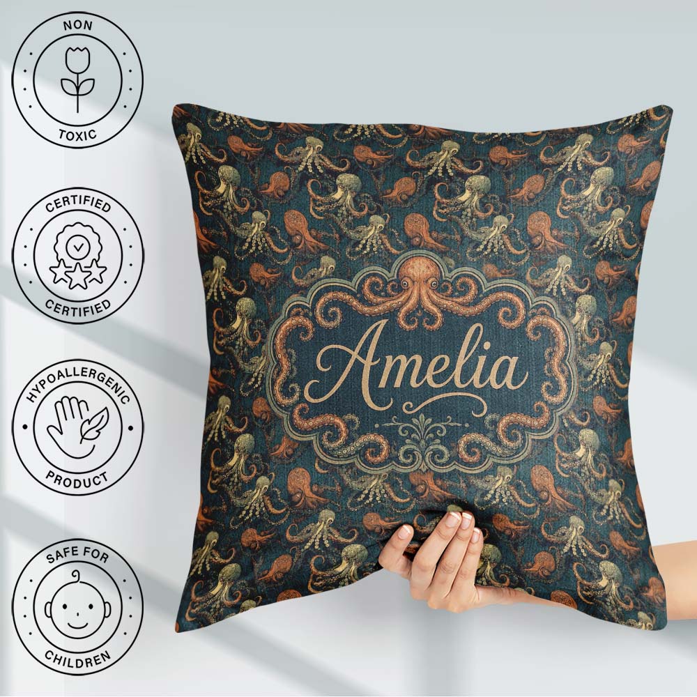 Custom Name Octopus Marine Seamless Pattern Detailed Ocean Life Square Filled Cushion Throw Pillow Sofa Bed Home Decor Zip Washable UK Made