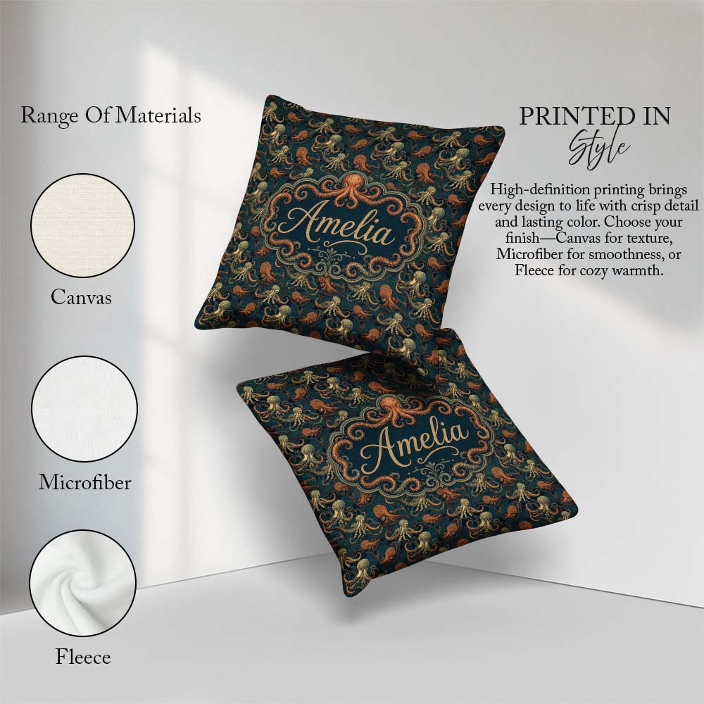Custom Name Octopus Marine Seamless Pattern Detailed Ocean Life Square Filled Cushion Throw Pillow Sofa Bed Home Decor Zip Washable UK Made