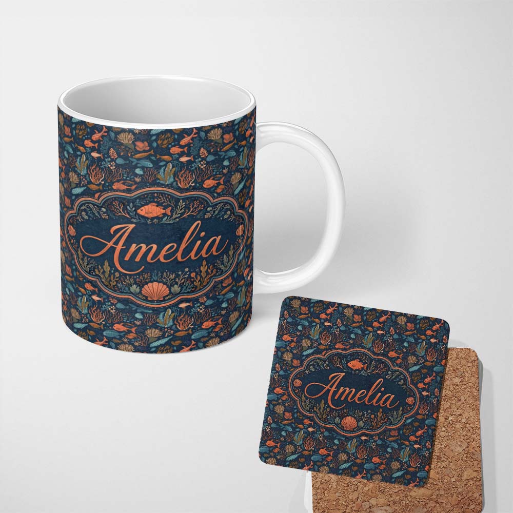 Personalized Custom Name Colorful Coral Reef Fish Seamless Pattern Ocean Marine Life Design 11oz Ceramic Coffee Tea Mug White Large Handle