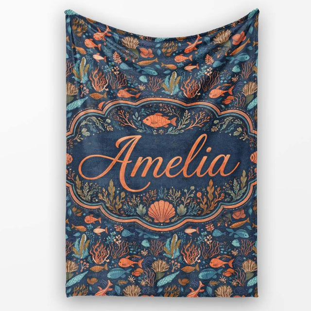 Colorful Coral Reef Fish Seamless Pattern Ocean Marine Life Design  Personalised Custom Name Super Soft Fleece Blanket Bed Sofa Throw
