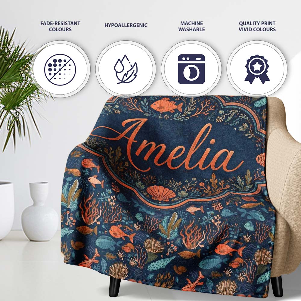 Colorful Coral Reef Fish Seamless Pattern Ocean Marine Life Design  Personalised Custom Name Super Soft Fleece Blanket Bed Sofa Throw