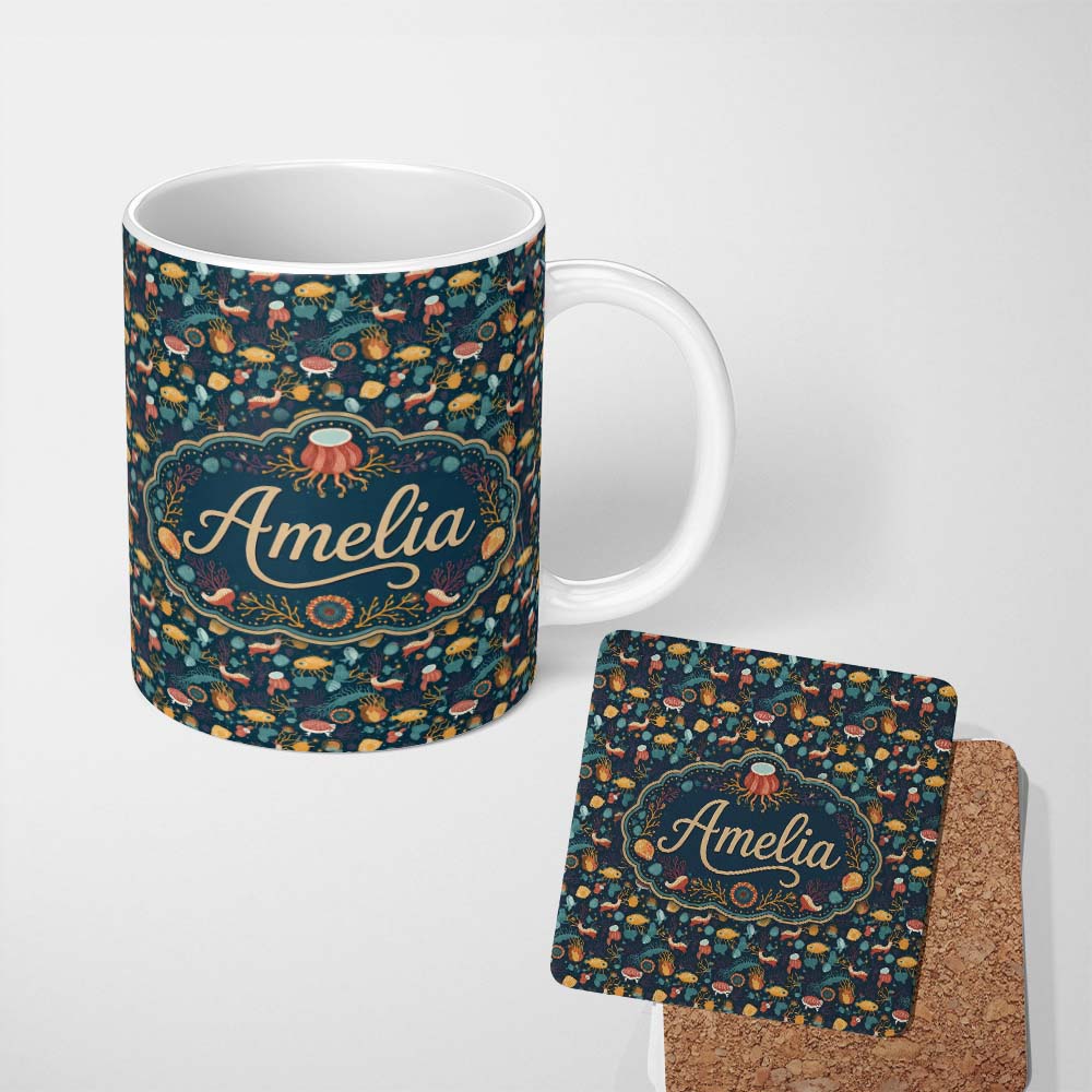Personalized Custom Name Cute Sea Creatures Seamless Pattern Jellyfish Fish Coral Ocean 11oz Ceramic Coffee Tea Mug White Large Handle
