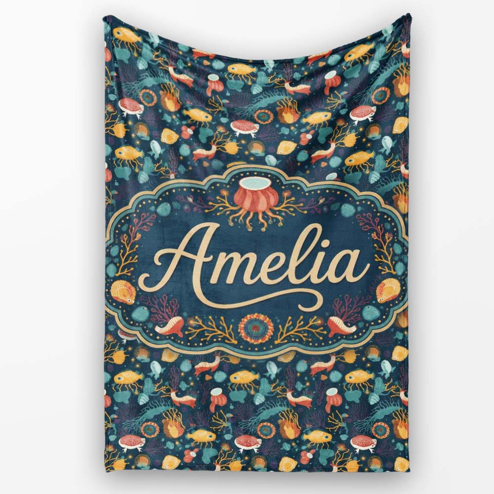 Cute Sea Creatures Seamless Pattern Jellyfish Fish Coral Ocean  Personalised Custom Name Super Soft Fleece Blanket Bed Sofa Throw