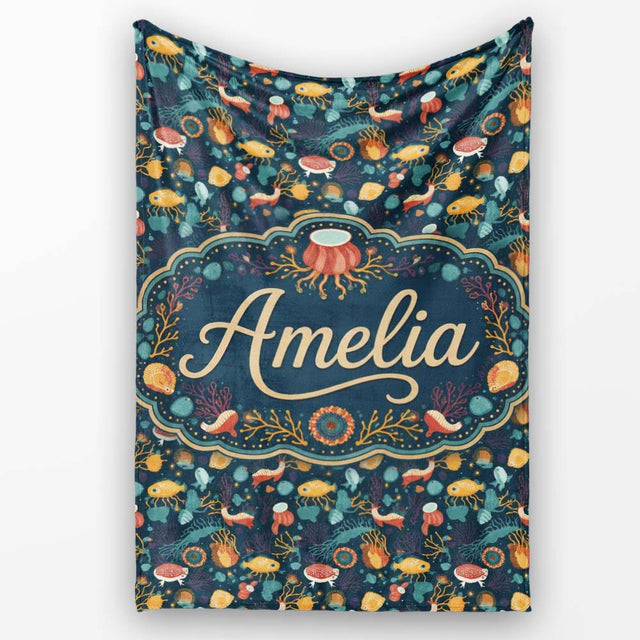 Cute Sea Creatures Seamless Pattern Jellyfish Fish Coral Ocean  Personalised Custom Name Super Soft Fleece Blanket Bed Sofa Throw