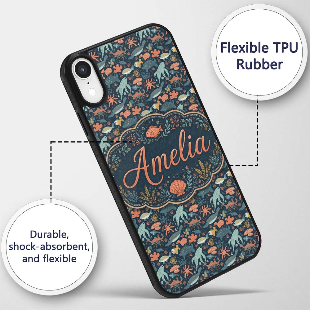 Underwater Ocean Animals Seamless Pattern Whale Custom Name Protective Phone Case Mobile Cover Durable Everyday Smartphone Shock Resistant