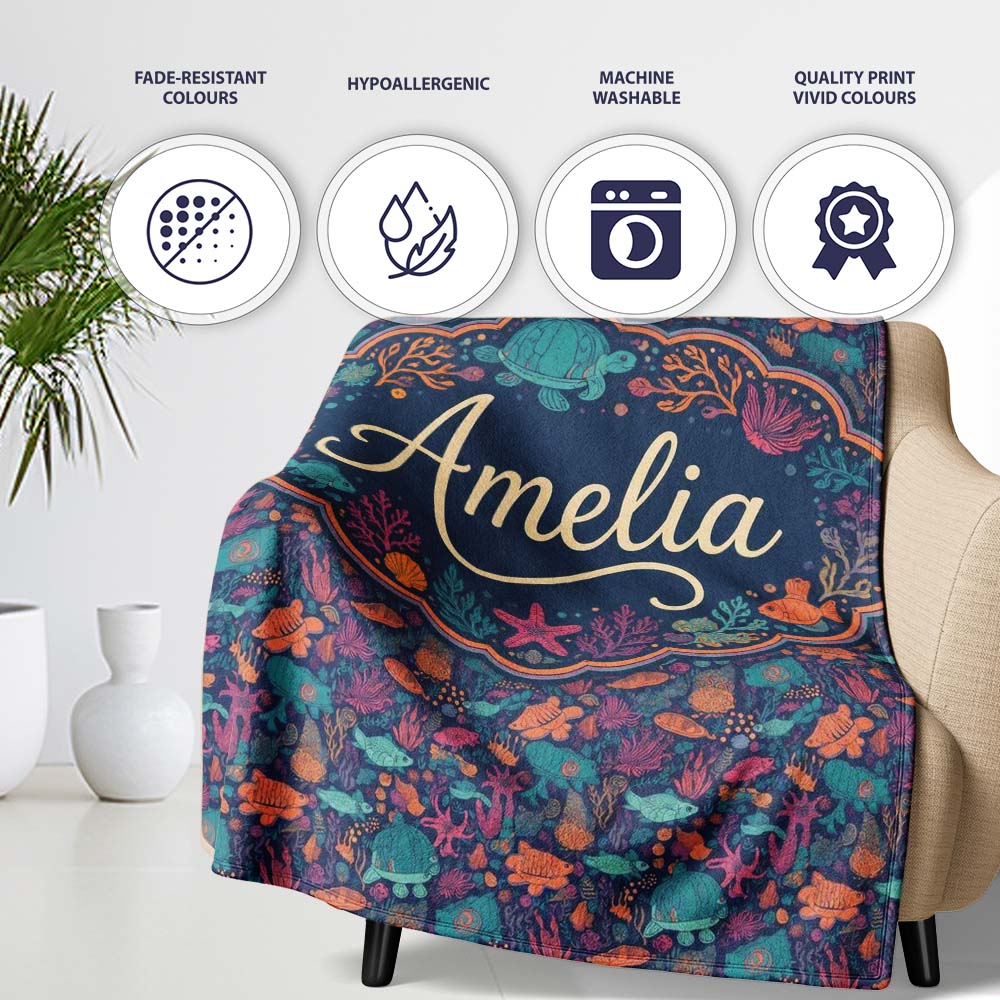 Vibrant Sea Life Seamless Pattern Tropical Fish Coral Reef Design  Personalised Custom Name Super Soft Fleece Blanket Bed Sofa Throw