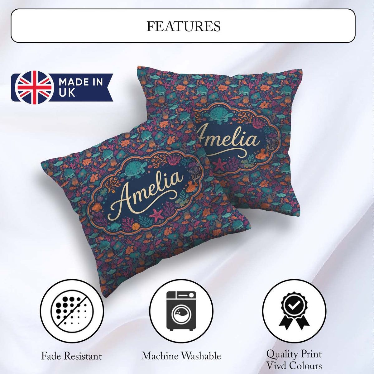 Custom Name Vibrant Sea Life Seamless Pattern Tropical Fish Reef Square Filled Cushion Throw Pillow Sofa Bed Home Decor Zip Washable UK Made
