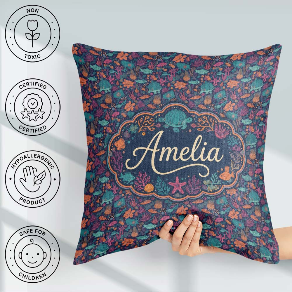 Custom Name Vibrant Sea Life Seamless Pattern Tropical Fish Reef Square Filled Cushion Throw Pillow Sofa Bed Home Decor Zip Washable UK Made
