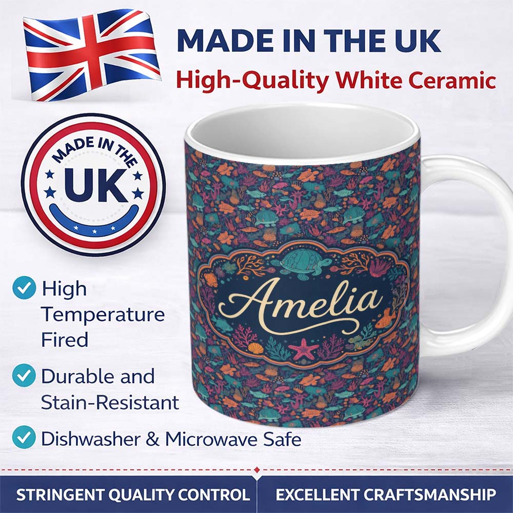 Personalized Custom Name Vibrant Sea Life Seamless Pattern Tropical Fish Coral Reef Design 11oz Ceramic Coffee Tea Mug White Large Handle