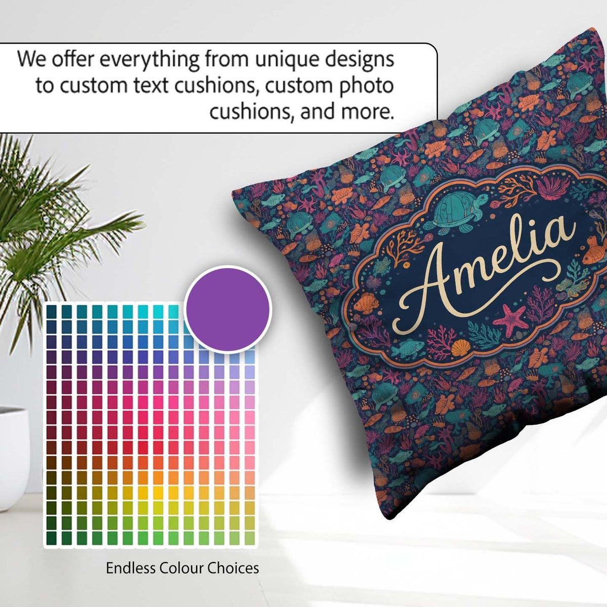 Custom Name Vibrant Sea Life Seamless Pattern Tropical Fish Reef Square Filled Cushion Throw Pillow Sofa Bed Home Decor Zip Washable UK Made