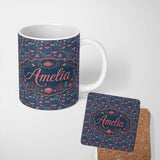 Personalized Custom Name Stylish Ocean Marine Seamless Pattern Fish Coral Sea Life 11oz Ceramic Coffee Tea Mug White Large Handle