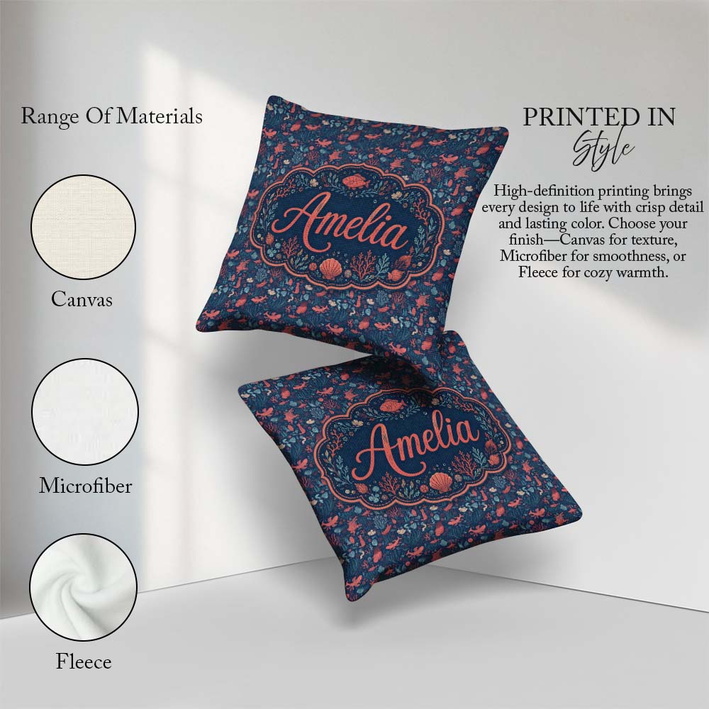 Custom Name Ocean Marine Seamless Pattern Fish Coral Sea Life Square Filled Cushion Throw Pillow Sofa Bed Home Decor Zip Washable UK Made